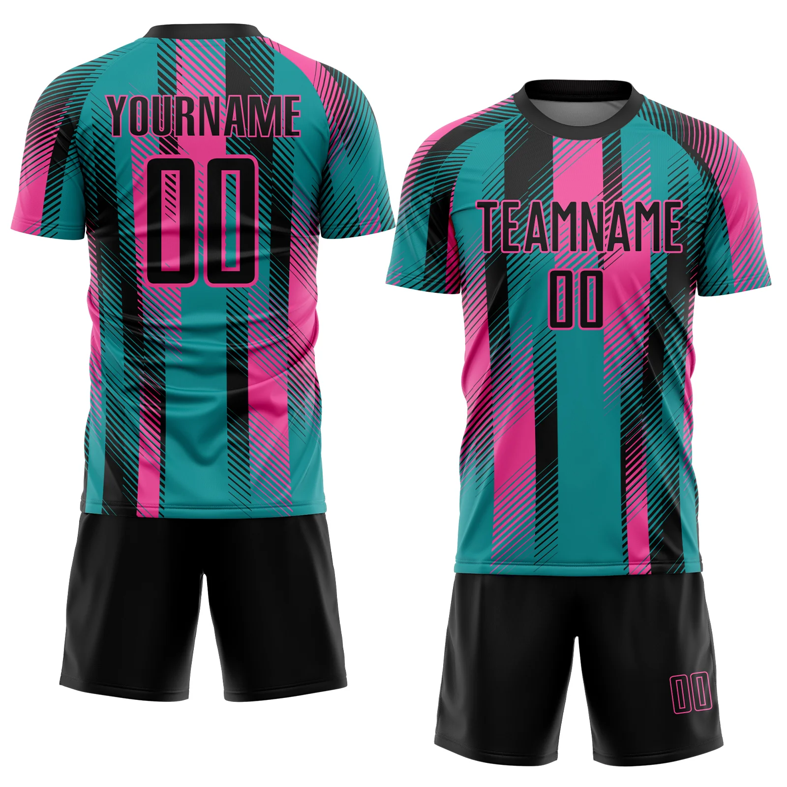 Custom Teal Black-Pink Diagonal Stripe Sports Sublimation Soccer Uniform Jersey - Image 2