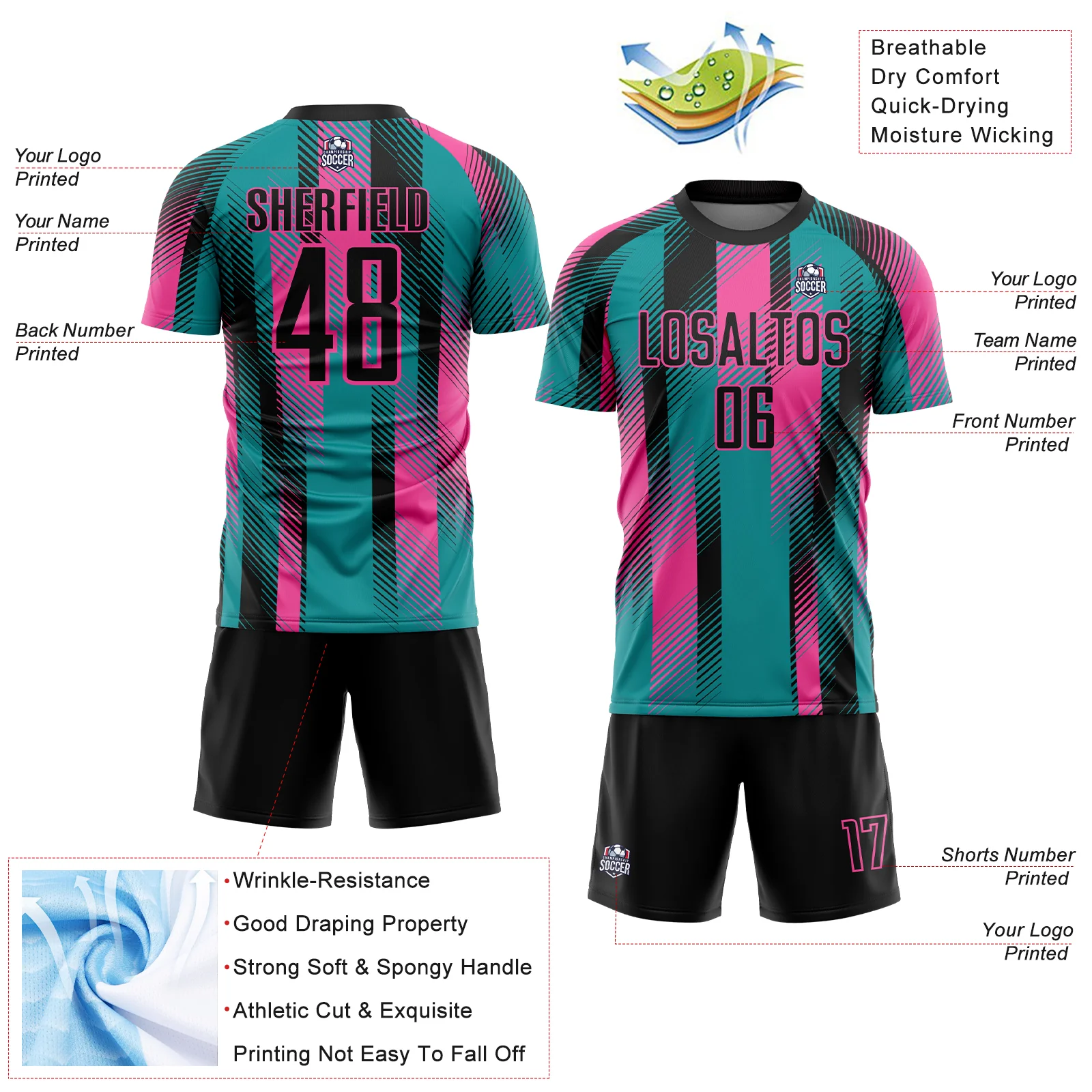Custom Teal Black-Pink Diagonal Stripe Sports Sublimation Soccer Uniform Jersey - Image 4