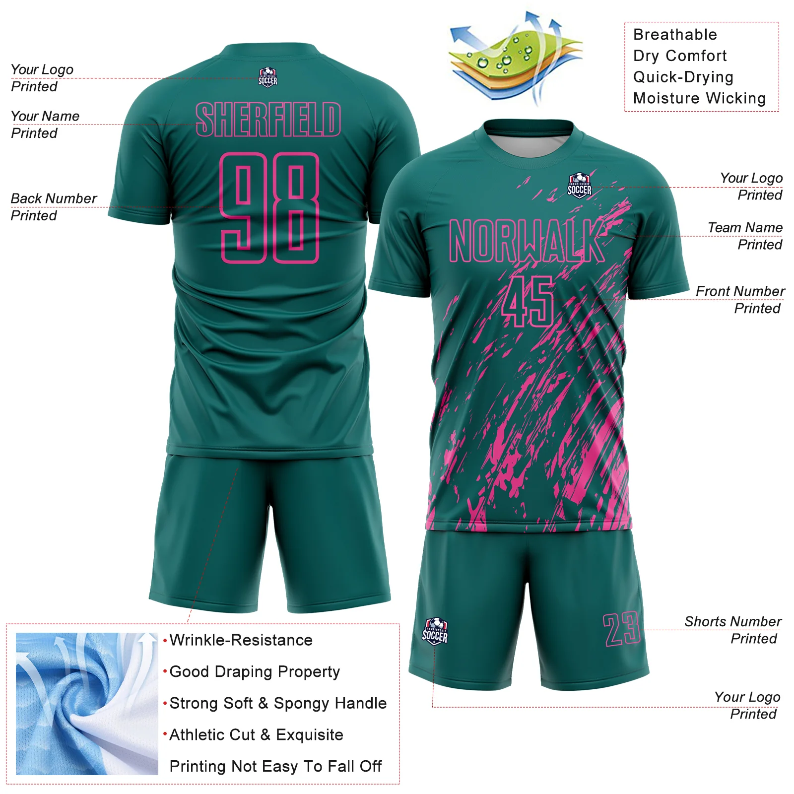 Custom Teal Pink Splash Sublimation Soccer Uniform Jersey - Image 4