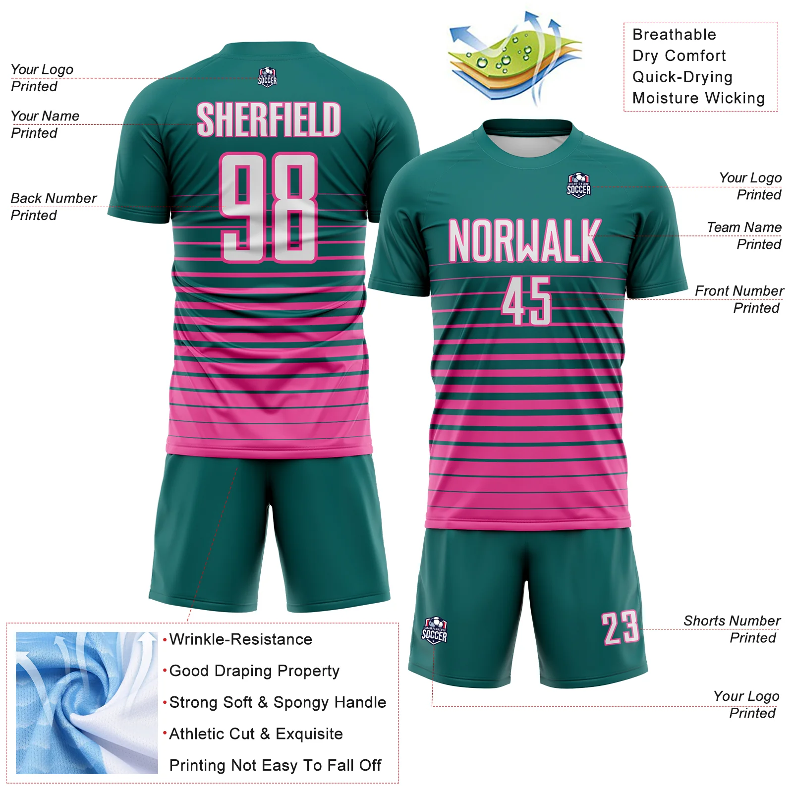 Custom Teal White-Pink Gradient Pinstripe Sublimation Soccer Uniform Jersey - Image 4