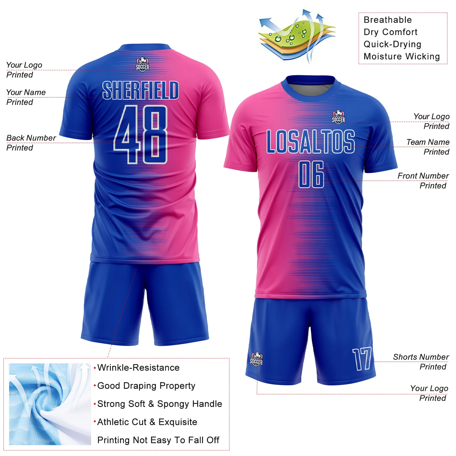 Custom Thunder Blue Pink-White Gradient Line Sublimation Soccer Uniform Jersey - Image 4
