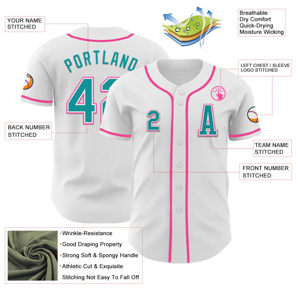 Custom White Teal-Pink Authentic Baseball Jersey - Image 2