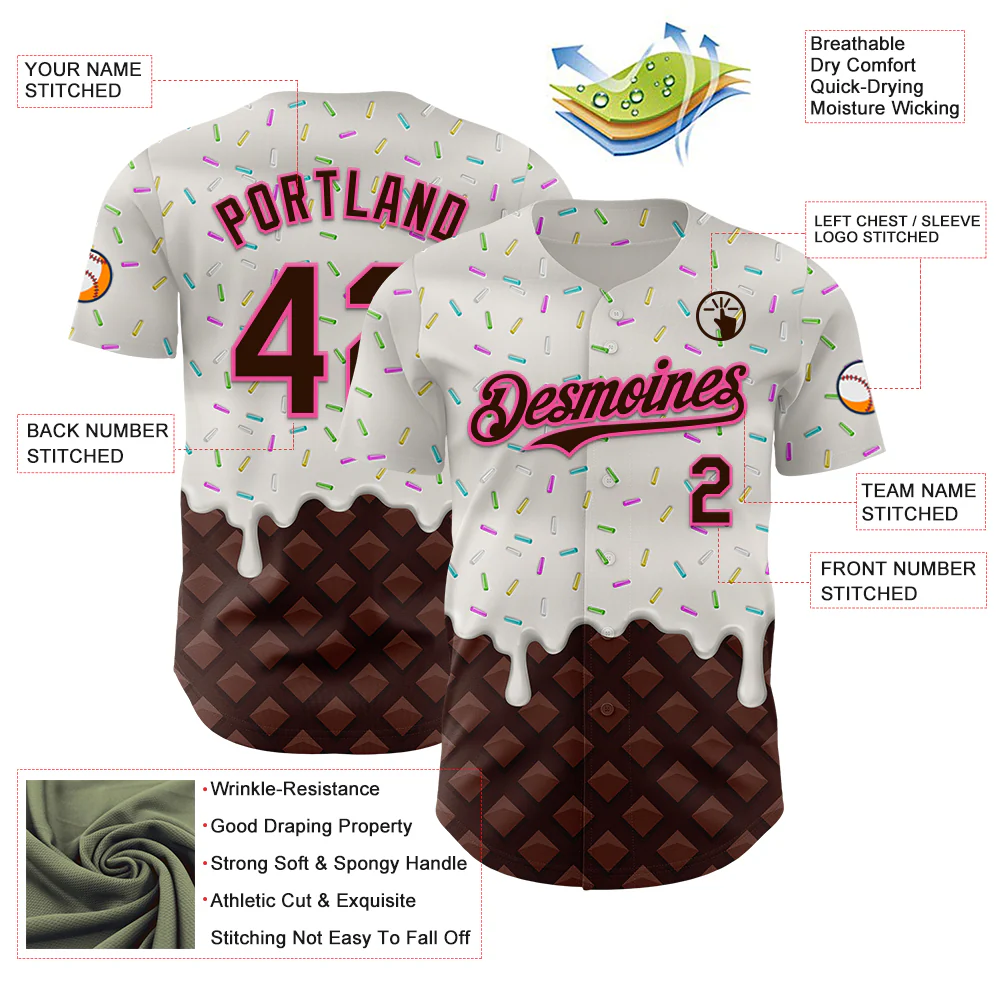Custom White Brown-Pink Foodie Dripping Ice Cream Authentic Baseball Jersey - Image 3