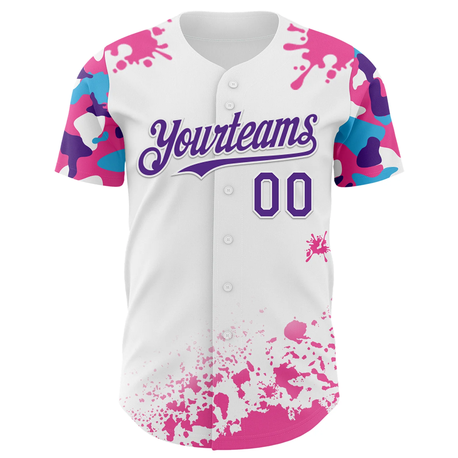 Custom White Purple Pink-Blue Splatter Camo Two Tone Authentic Baseball Jersey - Image 2