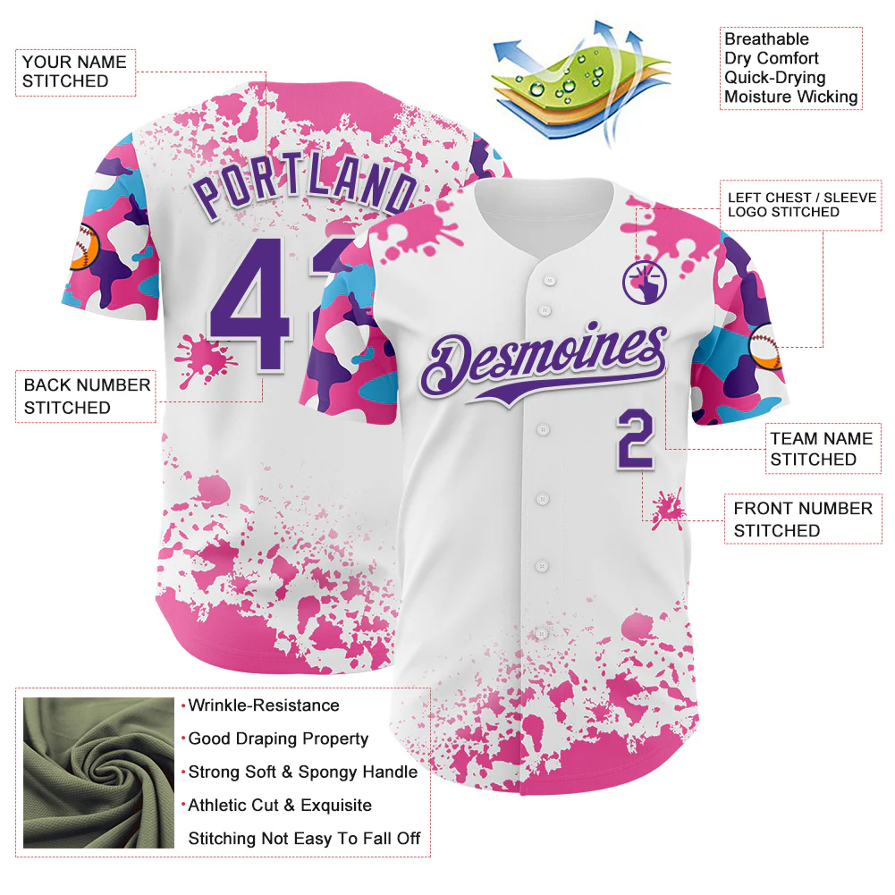 Custom White Purple Pink-Blue Splatter Camo Two Tone Authentic Baseball Jersey - Image 3