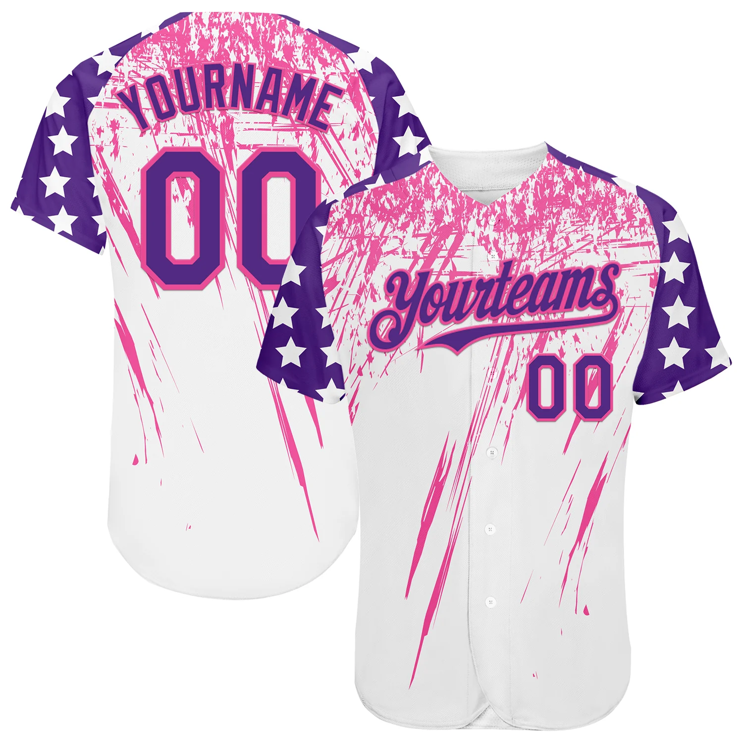 Custom White Purple-Pink Splatter Brush Stroke Star Raglan Sleeves Authentic Baseball Jersey