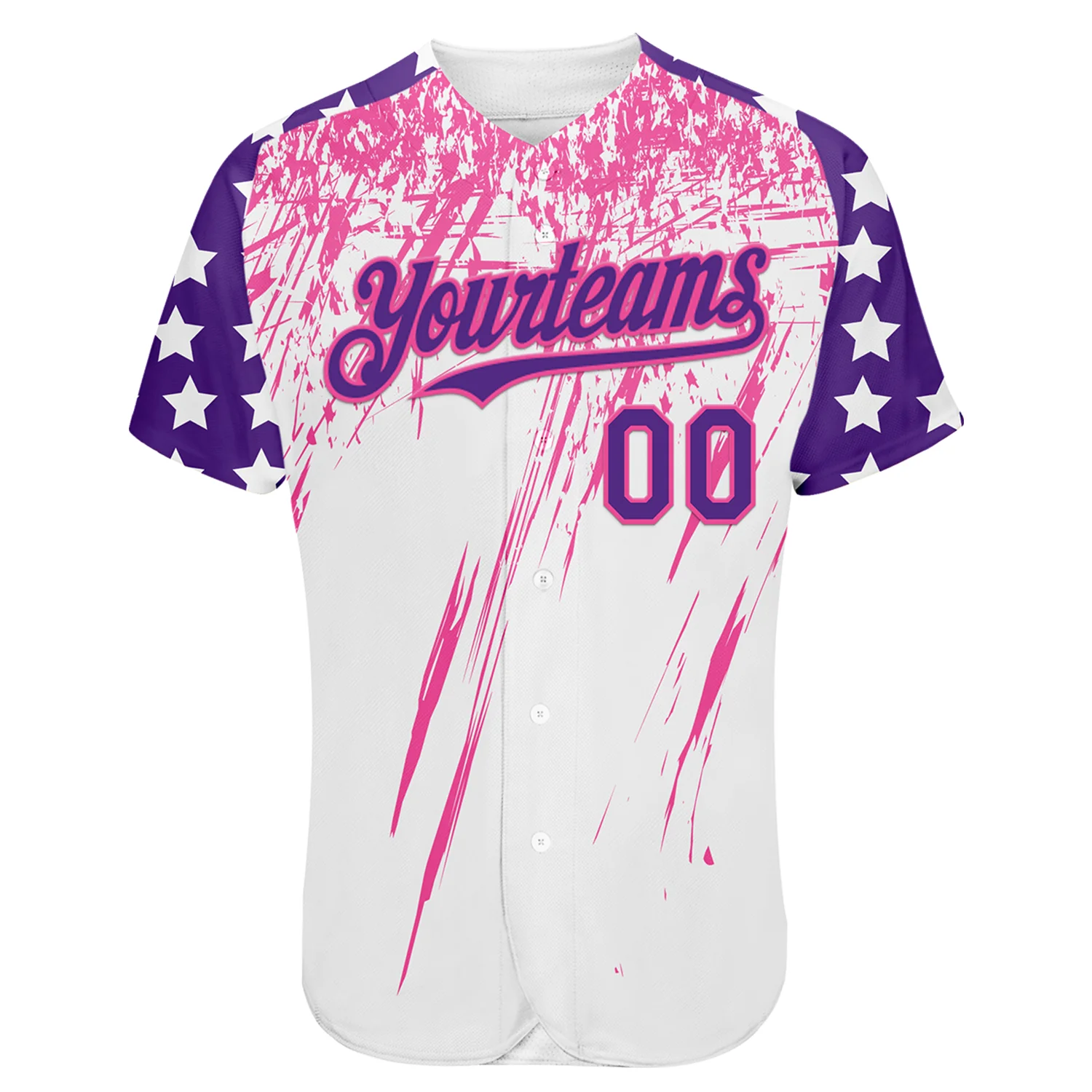 Custom White Purple-Pink Splatter Brush Stroke Star Raglan Sleeves Authentic Baseball Jersey - Image 2