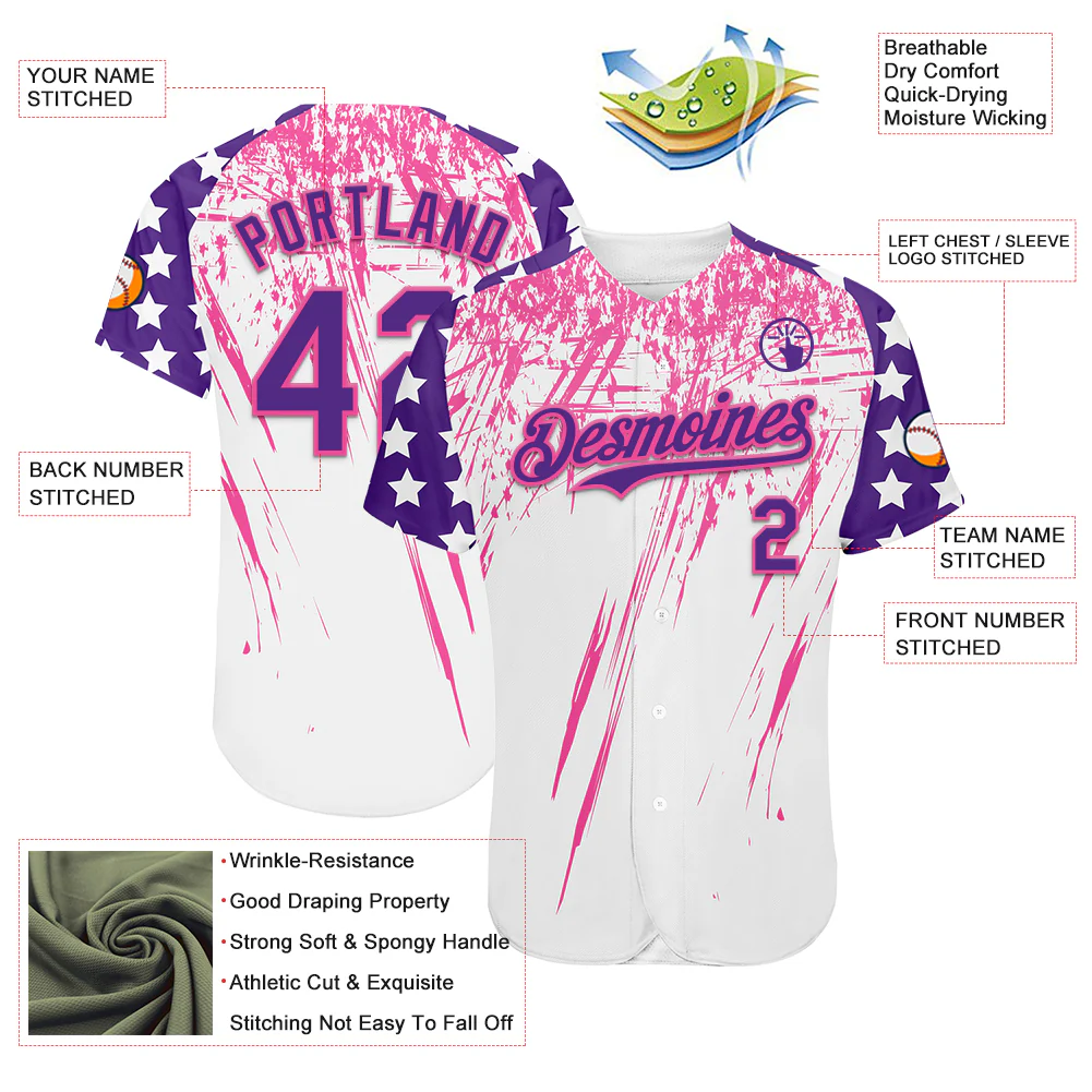 Custom White Purple-Pink Splatter Brush Stroke Star Raglan Sleeves Authentic Baseball Jersey - Image 3