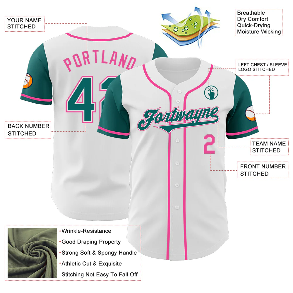 Custom White Teal-Pink Authentic Two Tone Baseball Jersey - Image 3