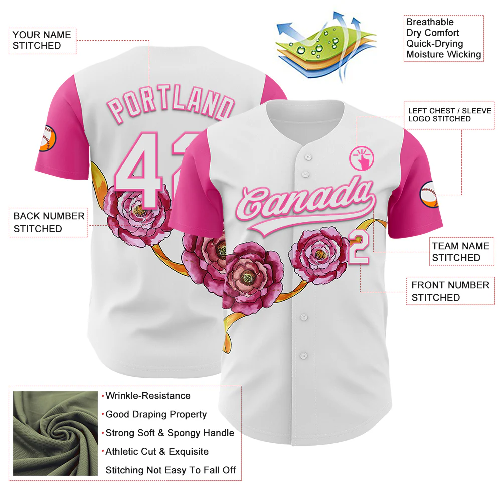 Custom White Pink 3D Pattern Design Mother's Day Flower Authentic Baseball Jersey - Image 3