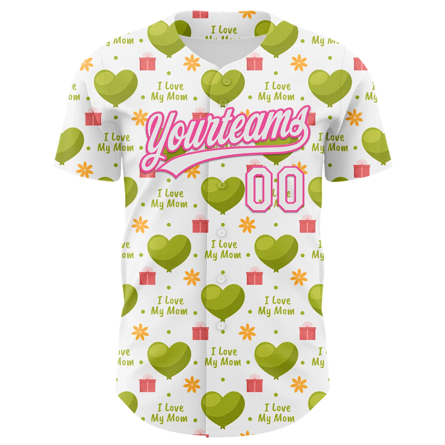 Custom White Pink 3D Pattern Design Mother's Day Love Authentic Baseball Jersey - Image 2