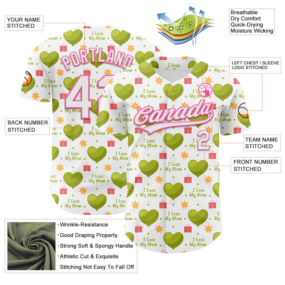 Custom White Pink 3D Pattern Design Mother's Day Love Authentic Baseball Jersey - Image 3