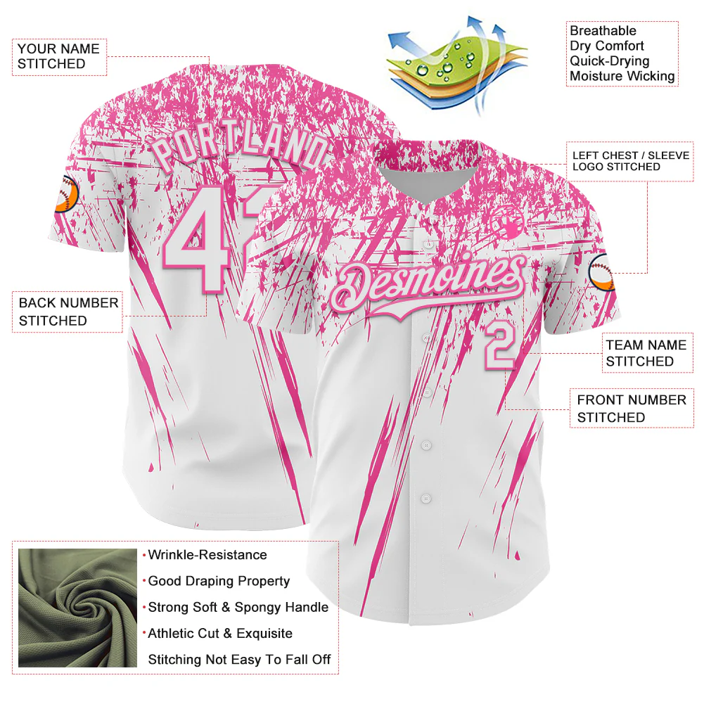 Custom White Pink Distressed Scratch Brush Stroke Authentic Baseball Jersey - Image 3
