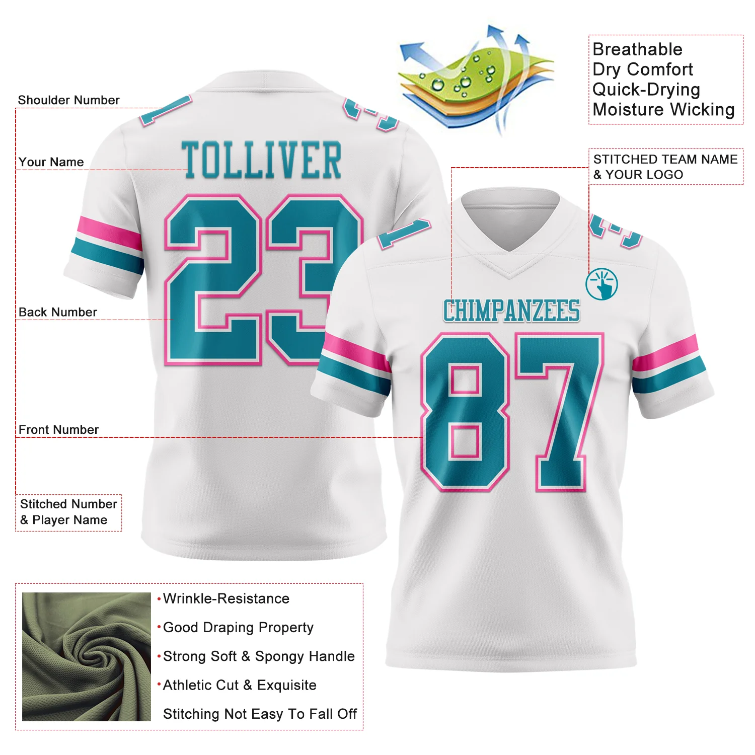 Custom White Teal-Pink Authentic Football Jersey - Image 3