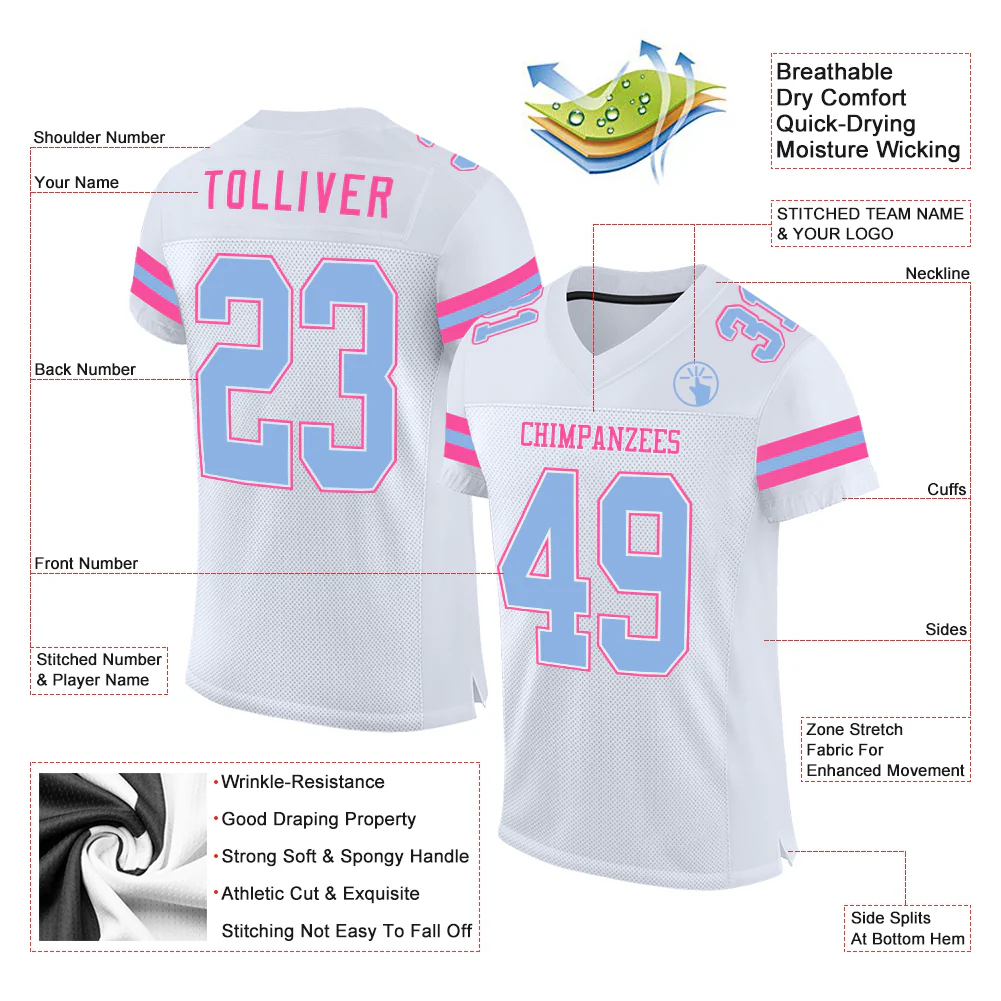 Custom White Light Blue-Pink Mesh Authentic Football Jersey - Image 2
