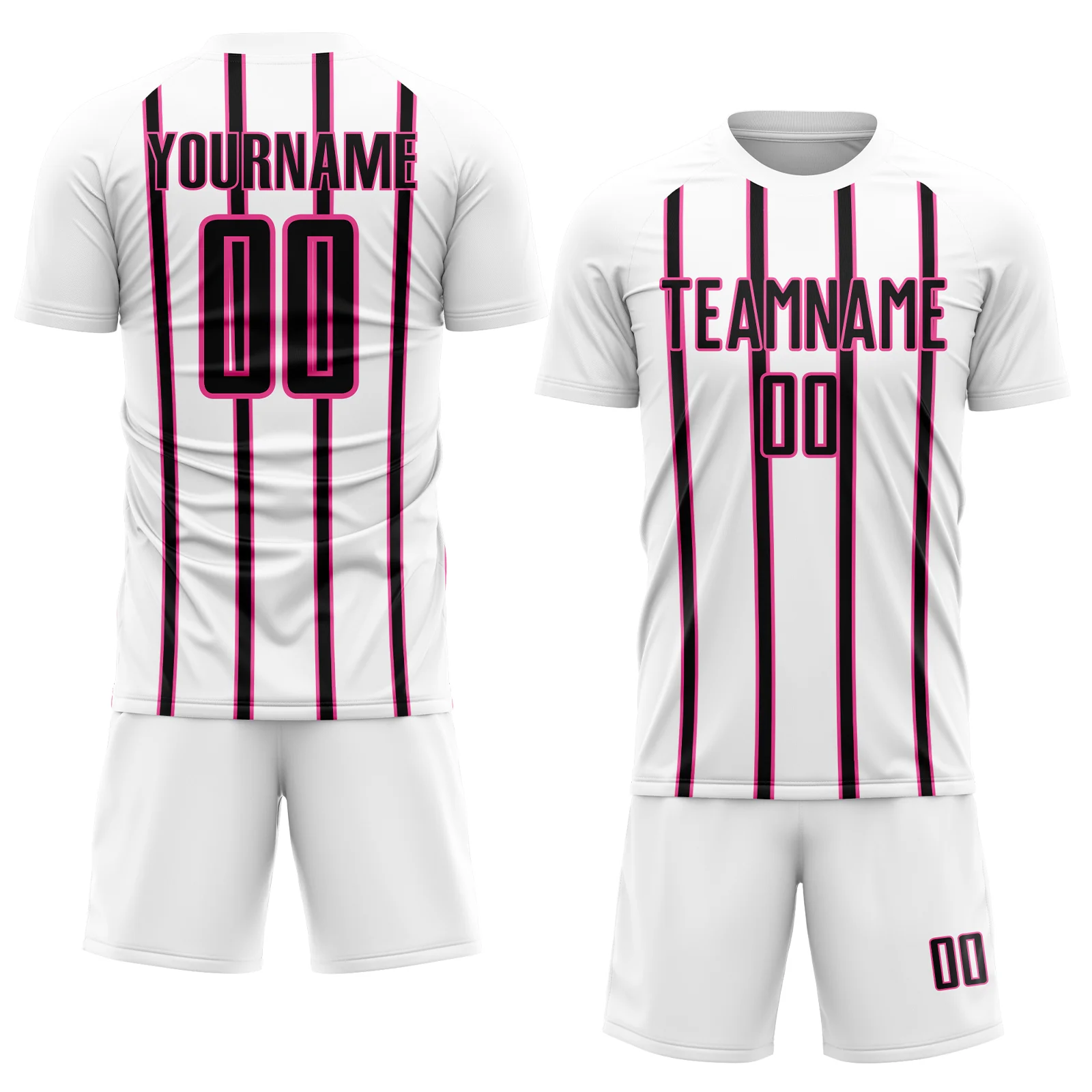 Custom White Black-Pink Stripe Line Sublimation Soccer Uniform Jersey - Image 2