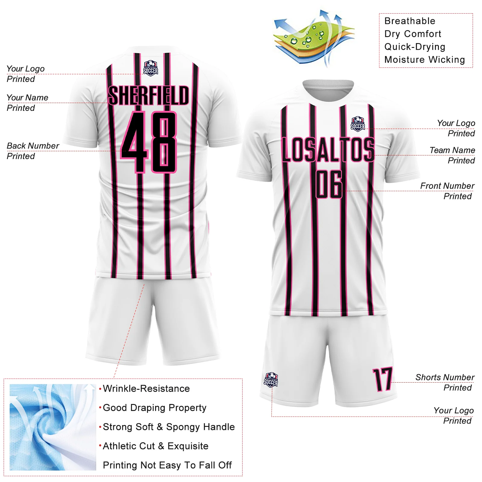 Custom White Black-Pink Stripe Line Sublimation Soccer Uniform Jersey - Image 4
