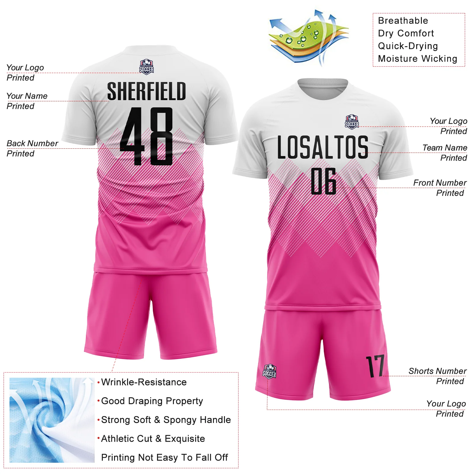 Custom White Black-Pink Gradient Diamond Diagonal Lines Sports Sublimation Soccer Uniform Jersey - Image 4
