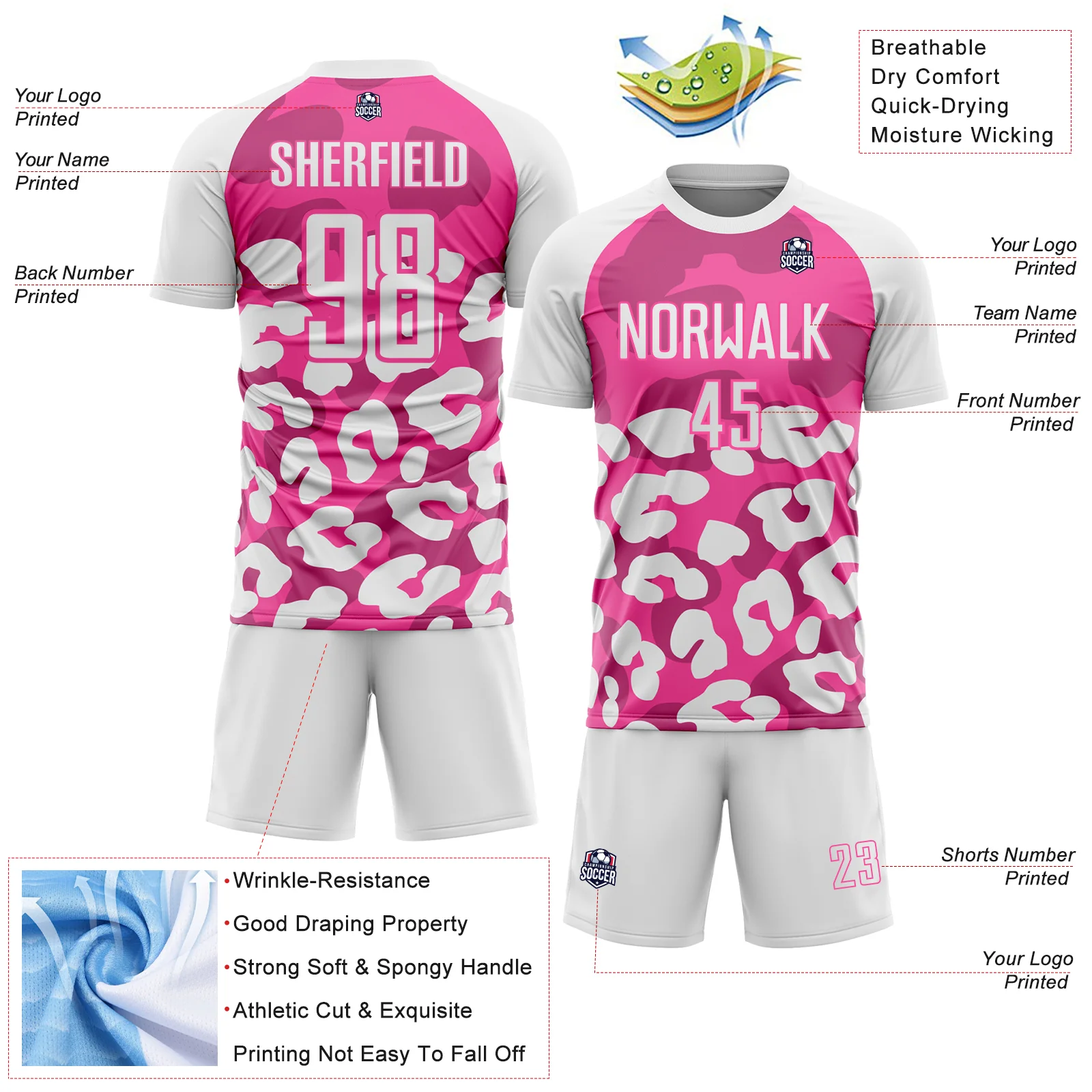 Custom White Pink Animal Leopard Print Sports Sublimation Soccer Uniform Jersey - Image 4