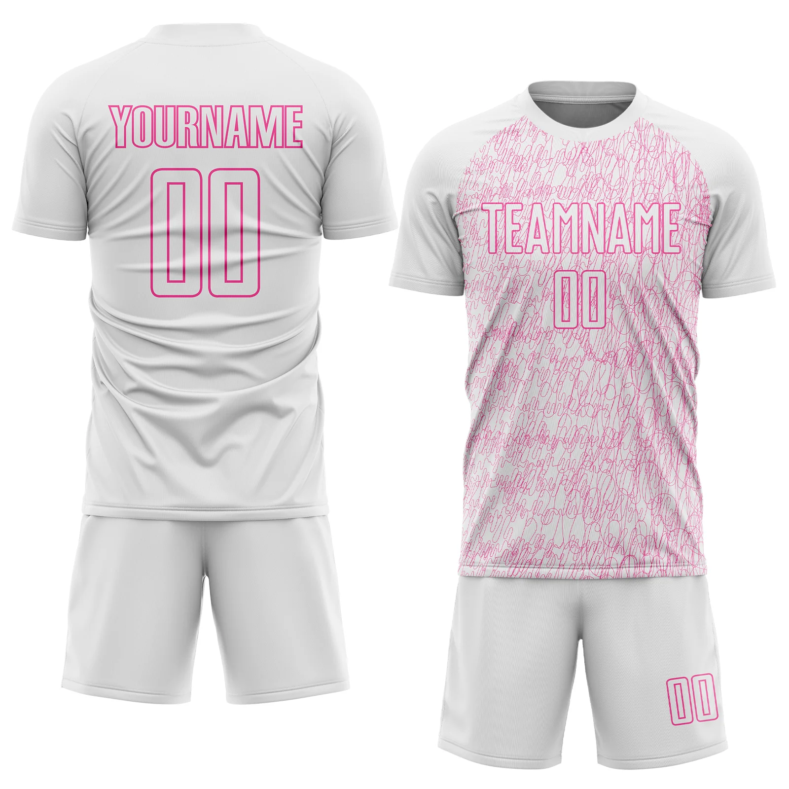 Custom White Pink Abstract Scribble Curve Line Pattern Sports Sublimation Soccer Uniform Jersey - Image 2
