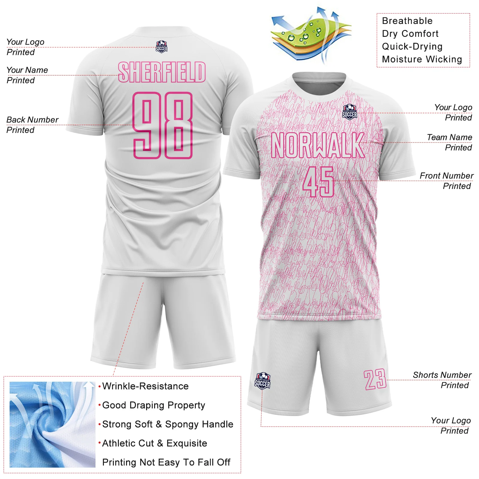 Custom White Pink Abstract Scribble Curve Line Pattern Sports Sublimation Soccer Uniform Jersey - Image 4