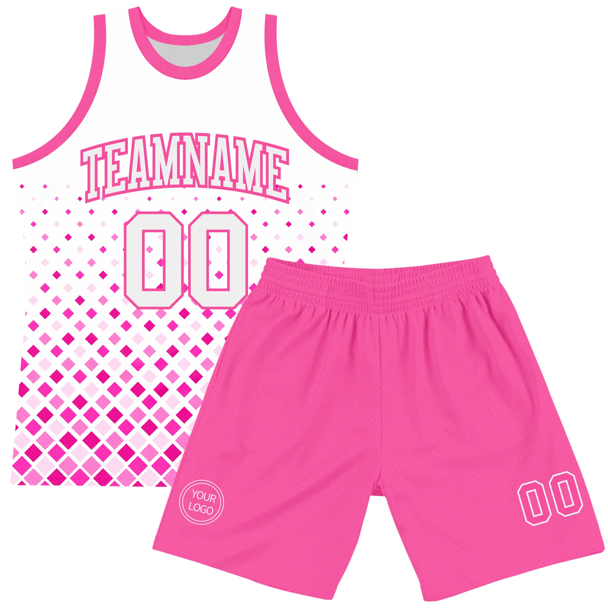 Custom White Pink Gradient Square Shapes Round Neck Sublimation Basketball Suit Jersey - Image 2