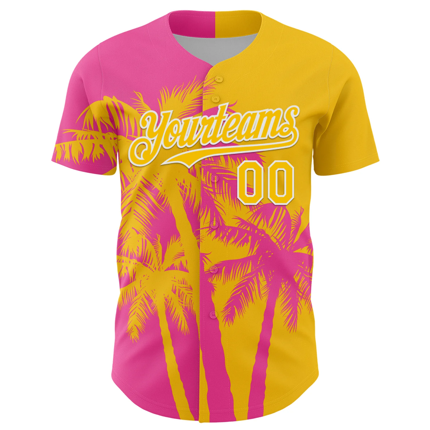 Custom Yellow Pink-White Hawaii Palm Trees Tropical Coconut Authentic Baseball Jersey - Image 2