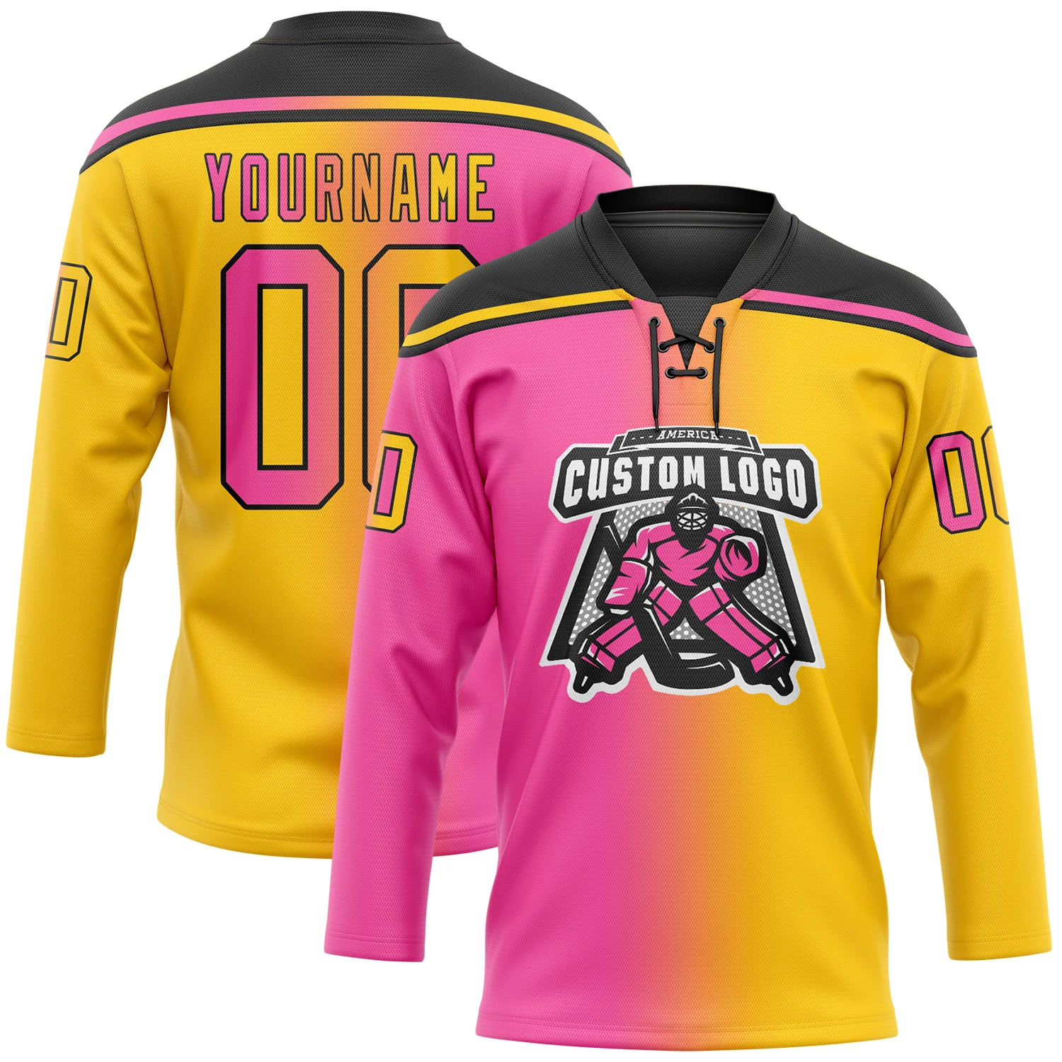 Custom Yellow Pink-Black Gradient Fashion Hockey Lace Neck Jersey - Image 2