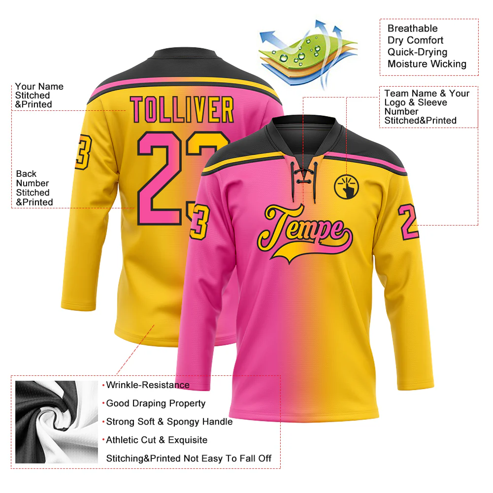 Custom Yellow Pink-Black Gradient Fashion Hockey Lace Neck Jersey - Image 5