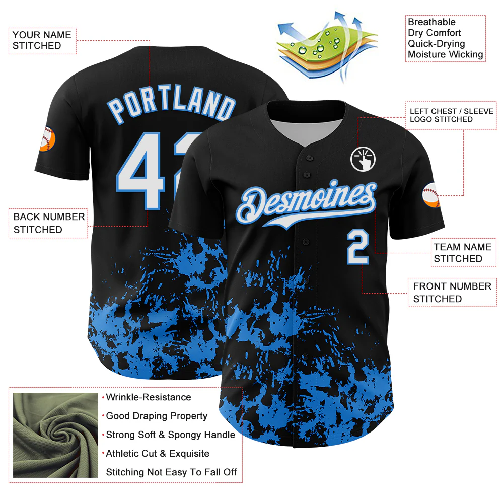 Custom Black White-Powder Blue Splatter Authentic Baseball Jersey - Image 3