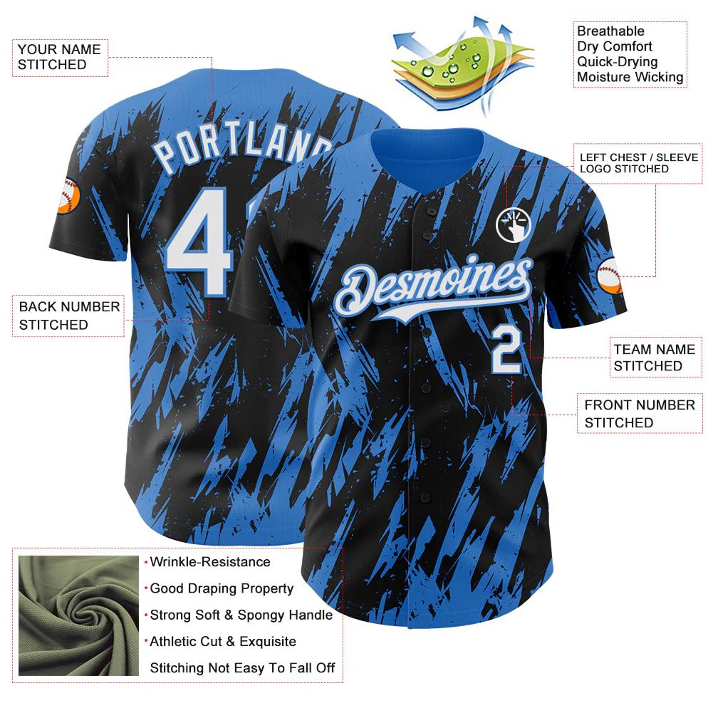 Custom Black White-Powder Blue Splatter Torn Sharp Brush Stroke Authentic Baseball Jersey - Image 3