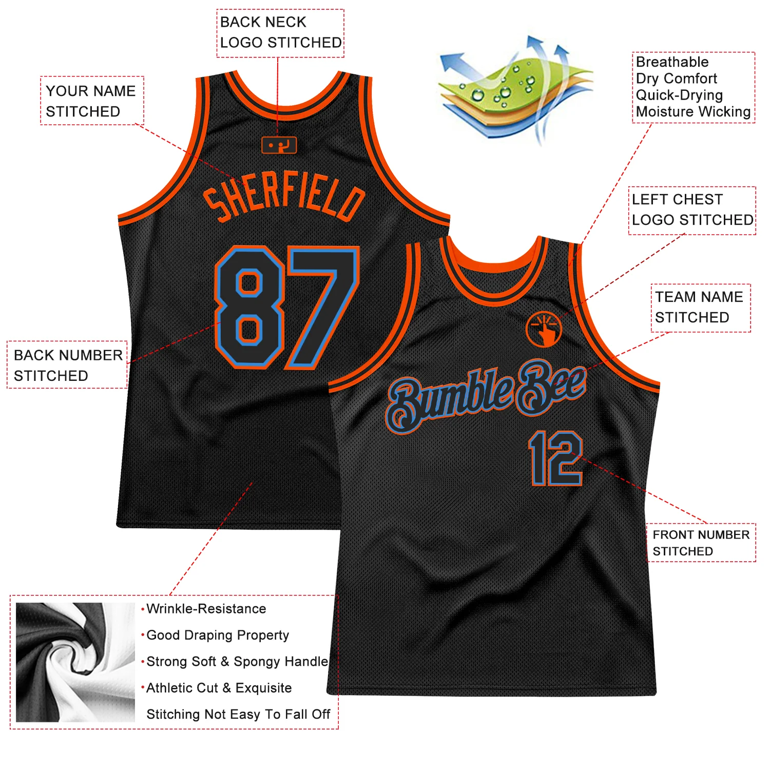 Custom Black Powder Blue-Orange Authentic Throwback Basketball Jersey - Image 2