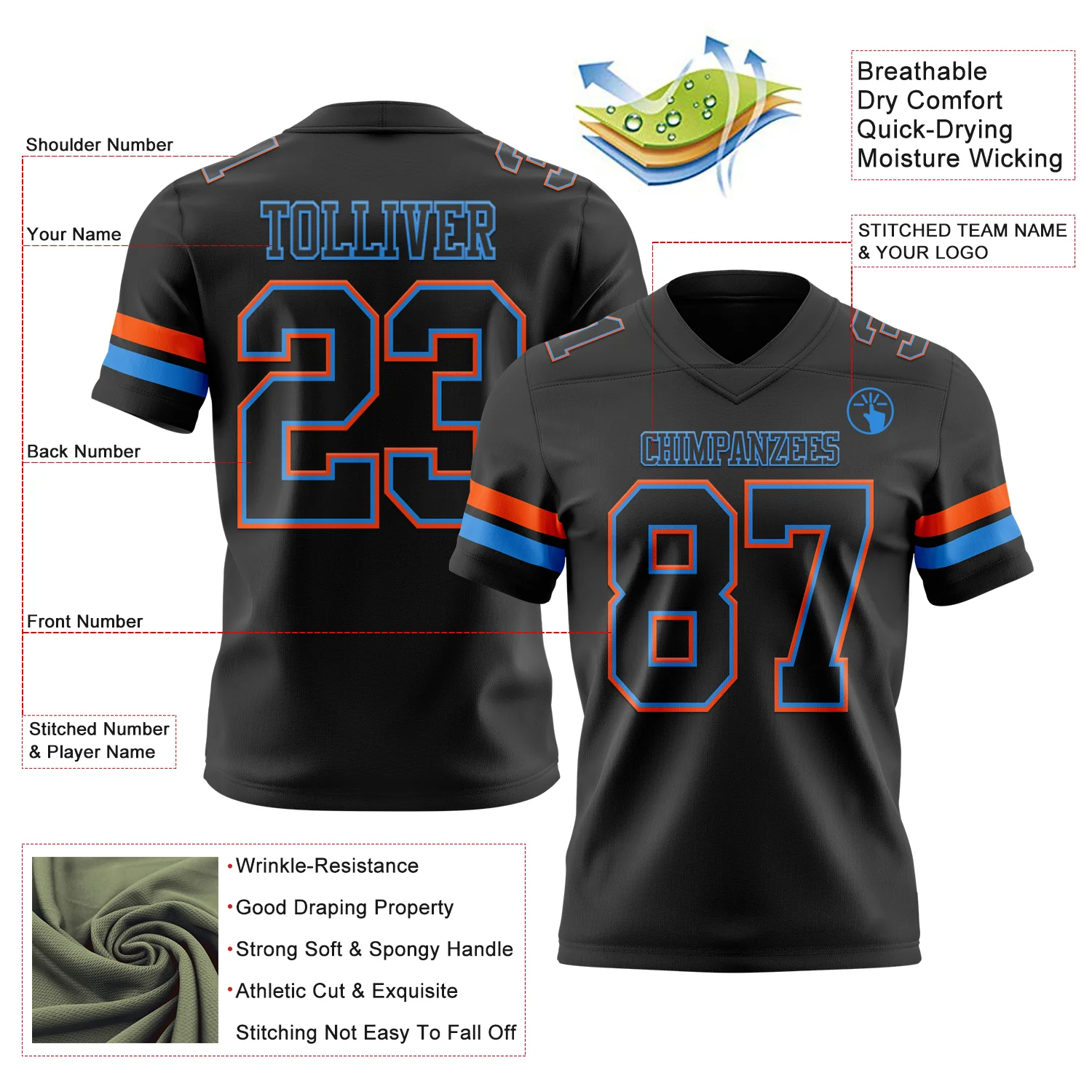 Custom Black Powder Blue-Orange Authentic Football Jersey - Image 3