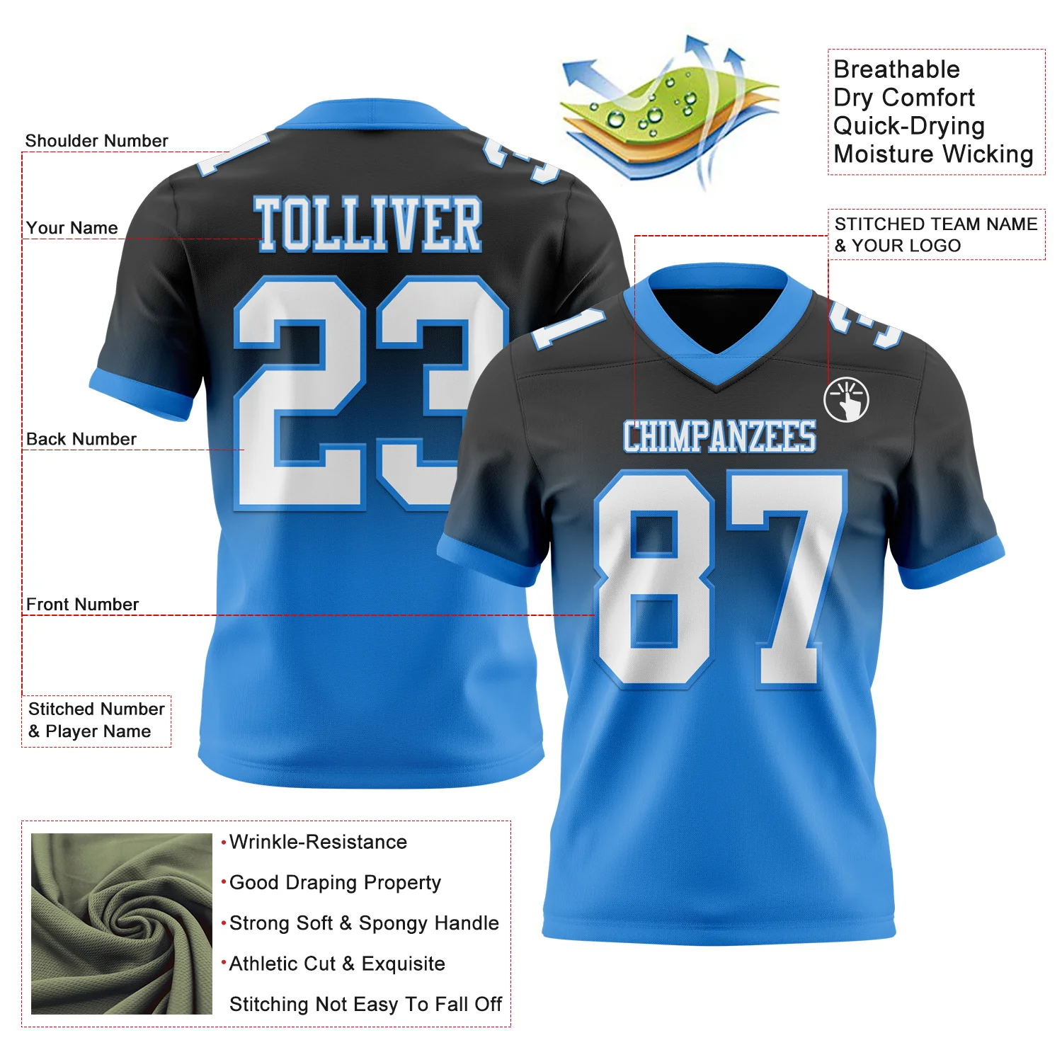 Custom Black White-Powder Blue Authentic Fade Fashion Football Jersey - Image 2