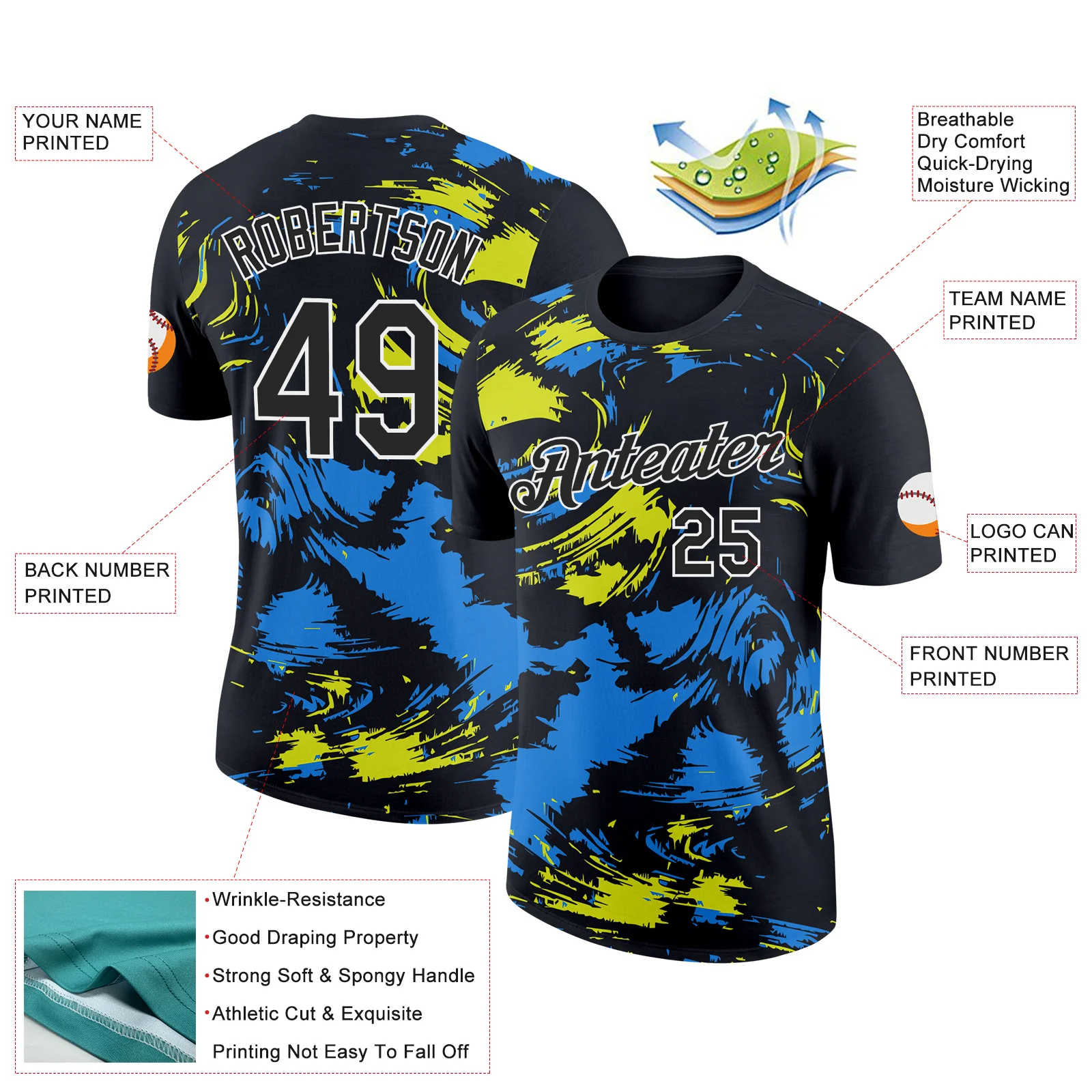 Custom Black Powder Blue-Neon Yellow 3D Esports Performance T-Shirt - Image 2