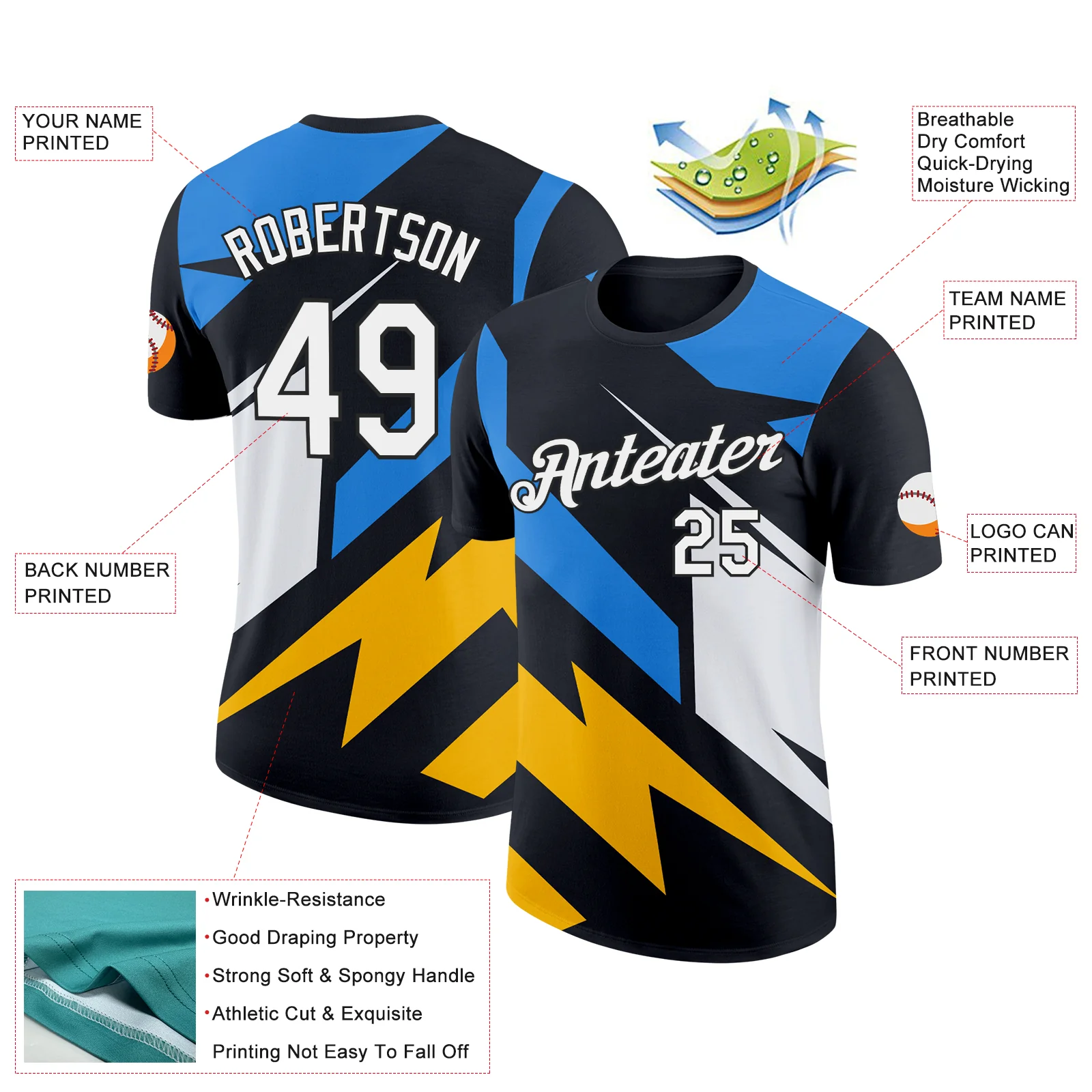 Custom Black Powder Blue-Gold 3D Esports Performance T-Shirt - Image 2