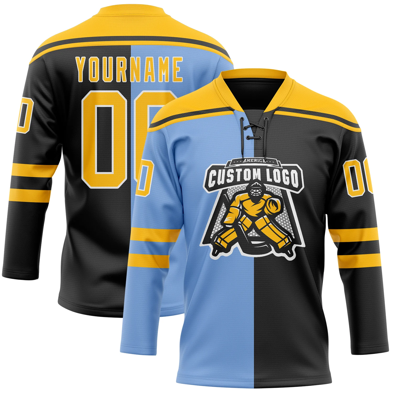Custom Black Gold Powder Blue-White Split Fashion Hockey Lace Neck Jersey - Image 2