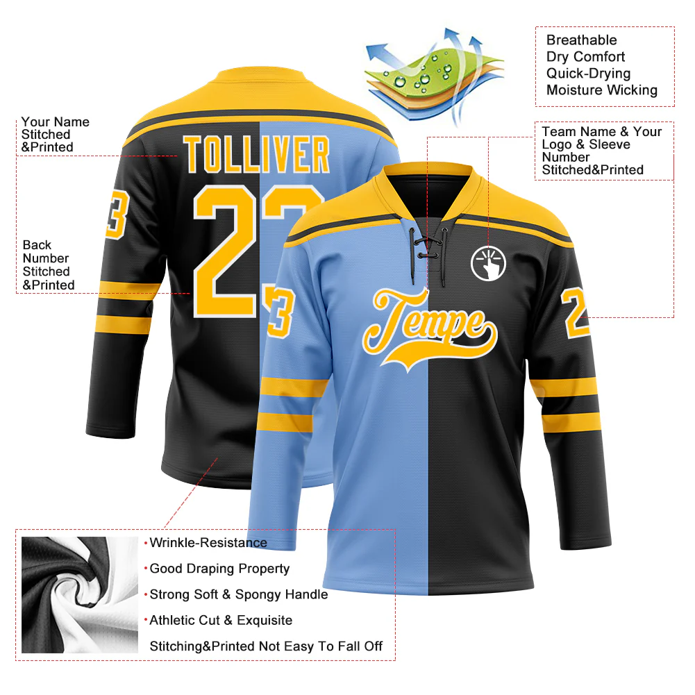 Custom Black Gold Powder Blue-White Split Fashion Hockey Lace Neck Jersey - Image 5