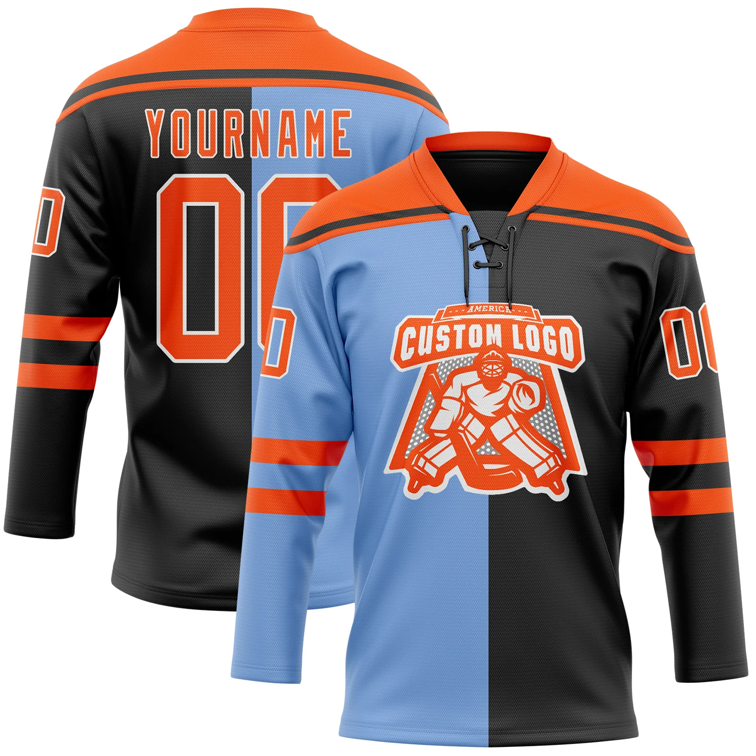 Custom Black Orange Powder Blue-White Split Fashion Hockey Lace Neck Jersey - Image 2