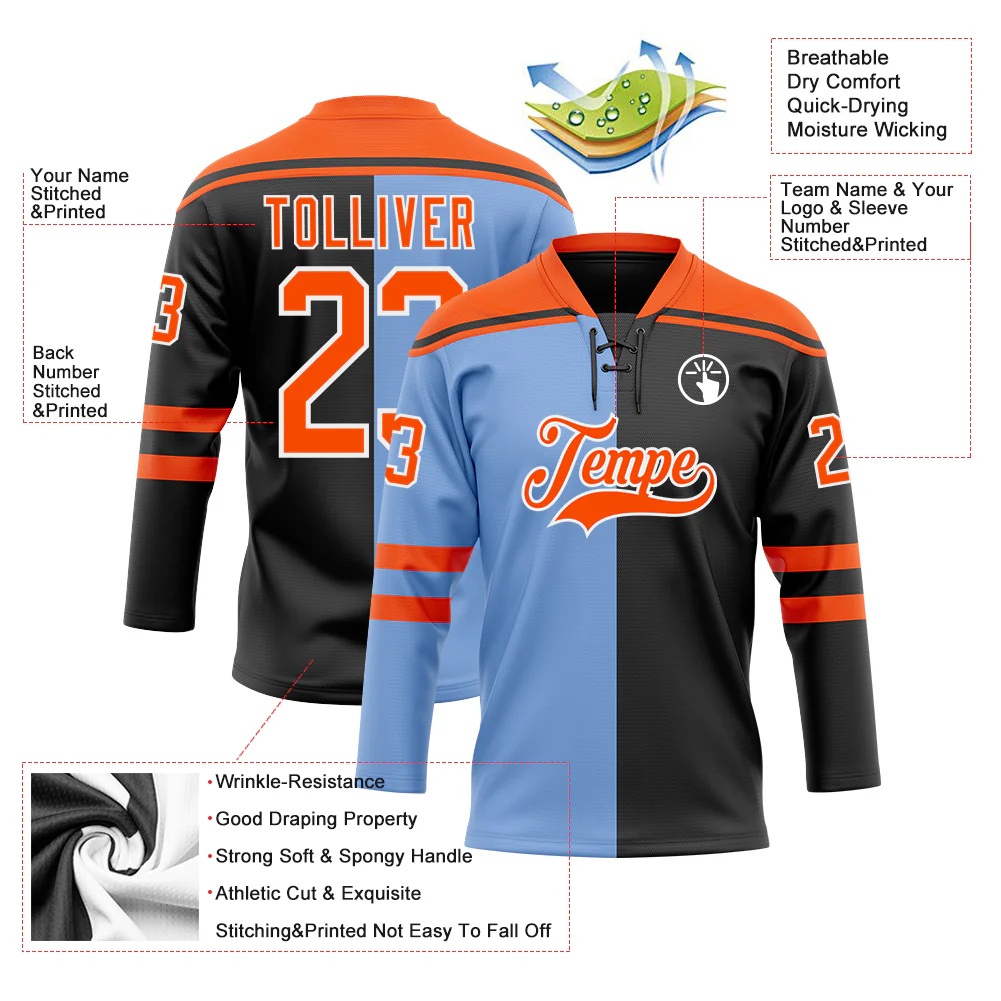 Custom Black Orange Powder Blue-White Split Fashion Hockey Lace Neck Jersey - Image 5