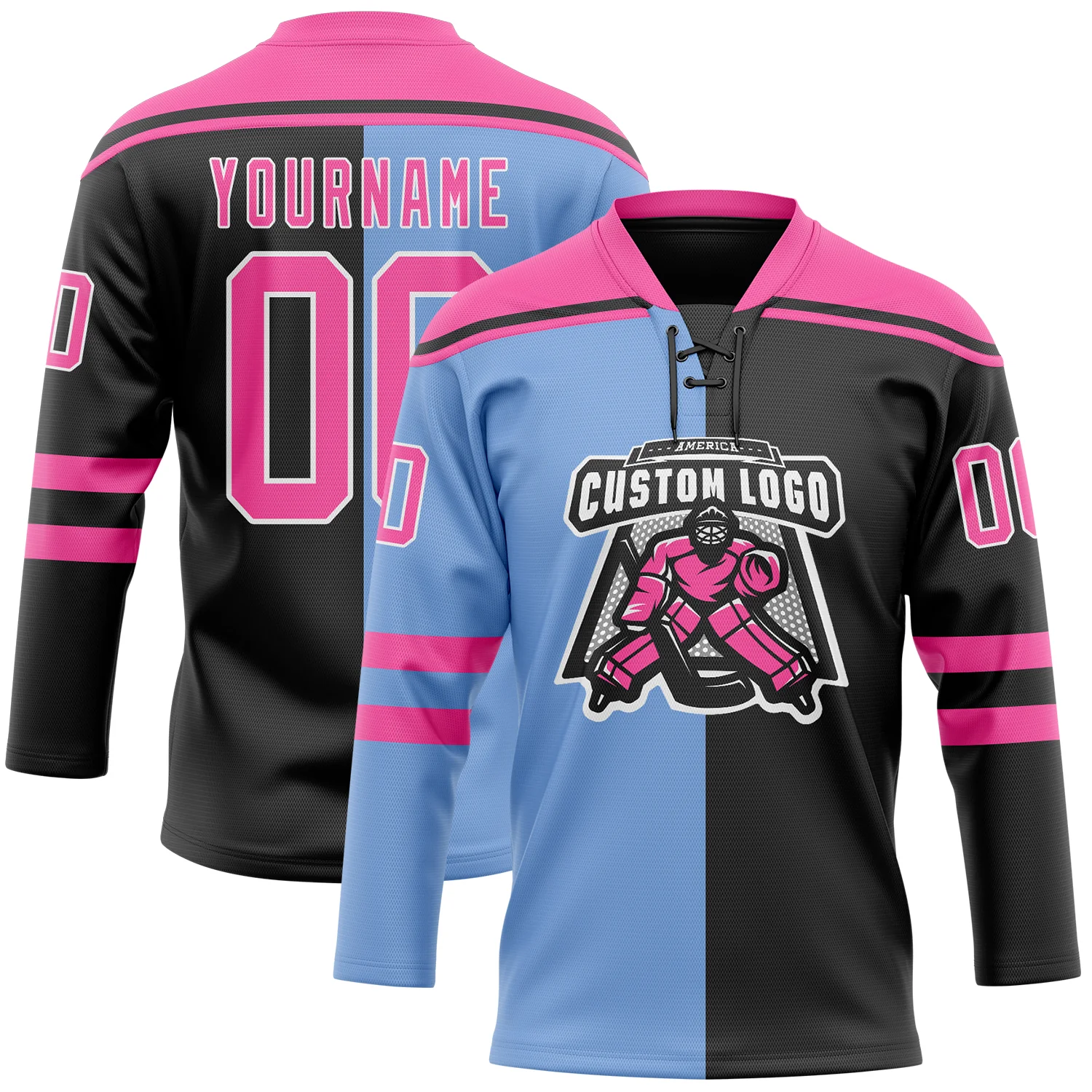 Custom Black Pink Powder Blue-White Split Fashion Hockey Lace Neck Jersey - Image 2