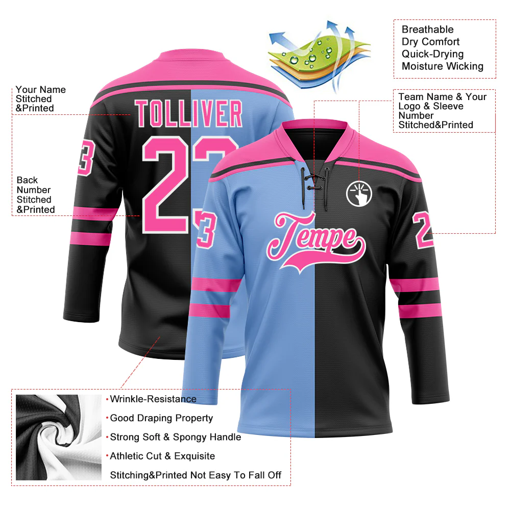 Custom Black Pink Powder Blue-White Split Fashion Hockey Lace Neck Jersey - Image 5