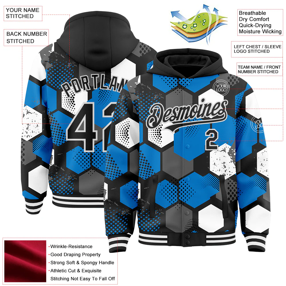 Custom Black Powder Blue-White Geometric Shape Bomber Full-Snap Varsity Letterman Hoodie Jacket - Image 4