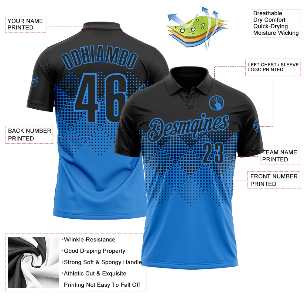 Custom Black Powder Blue 3D Gradient Square Shape Performance Polo Shirt - Image 3