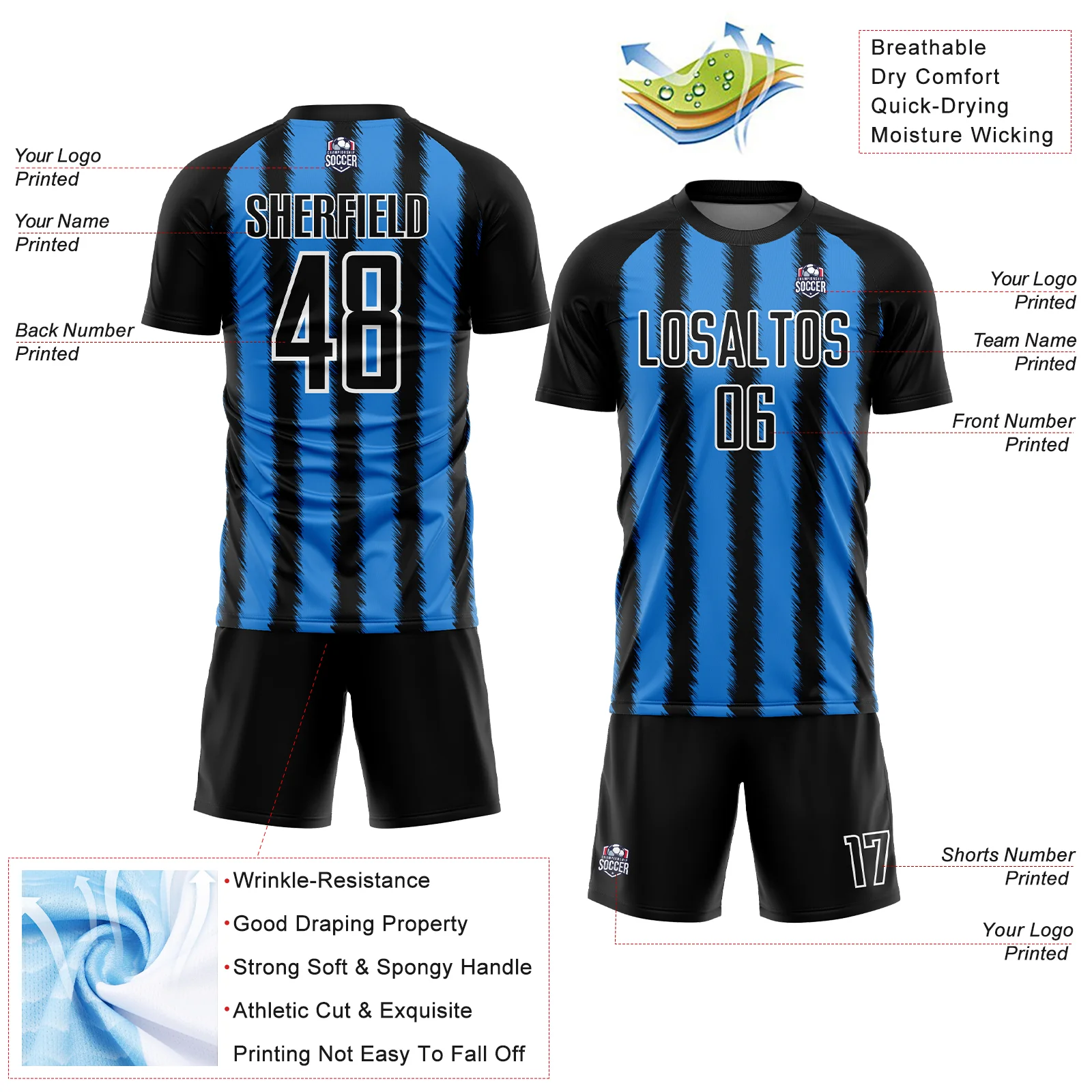 Custom Black Powder Blue-White Line Sublimation Soccer Uniform Jersey - Image 4