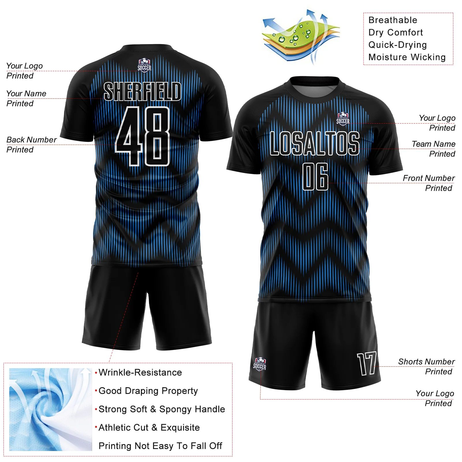 Custom Black Powder Blue-White Line Sublimation Soccer Uniform Jersey - Image 4