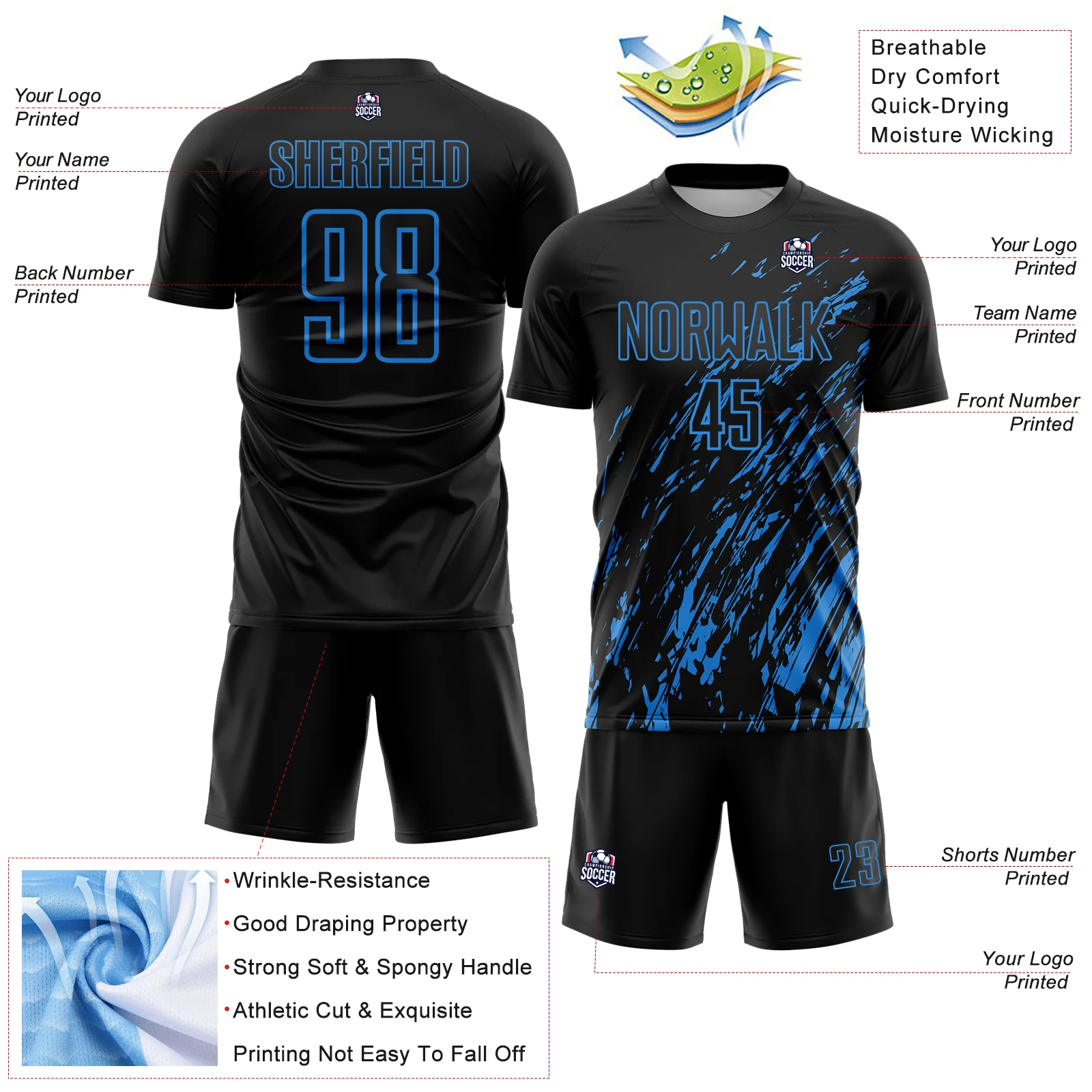 Custom Black Powder Blue Splash Sublimation Soccer Uniform Jersey - Image 4