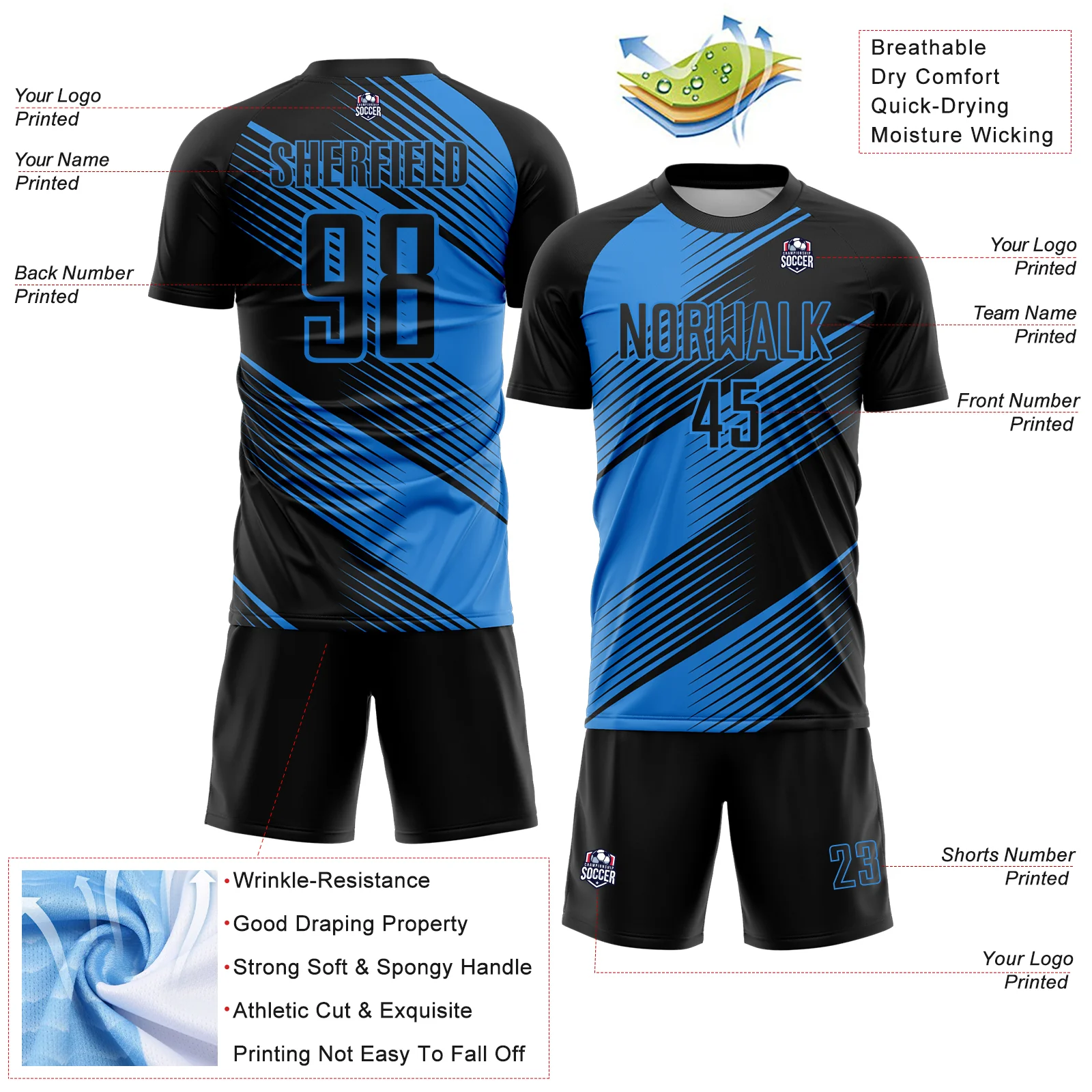 Custom Black Powder Blue Line Sublimation Soccer Uniform Jersey - Image 4