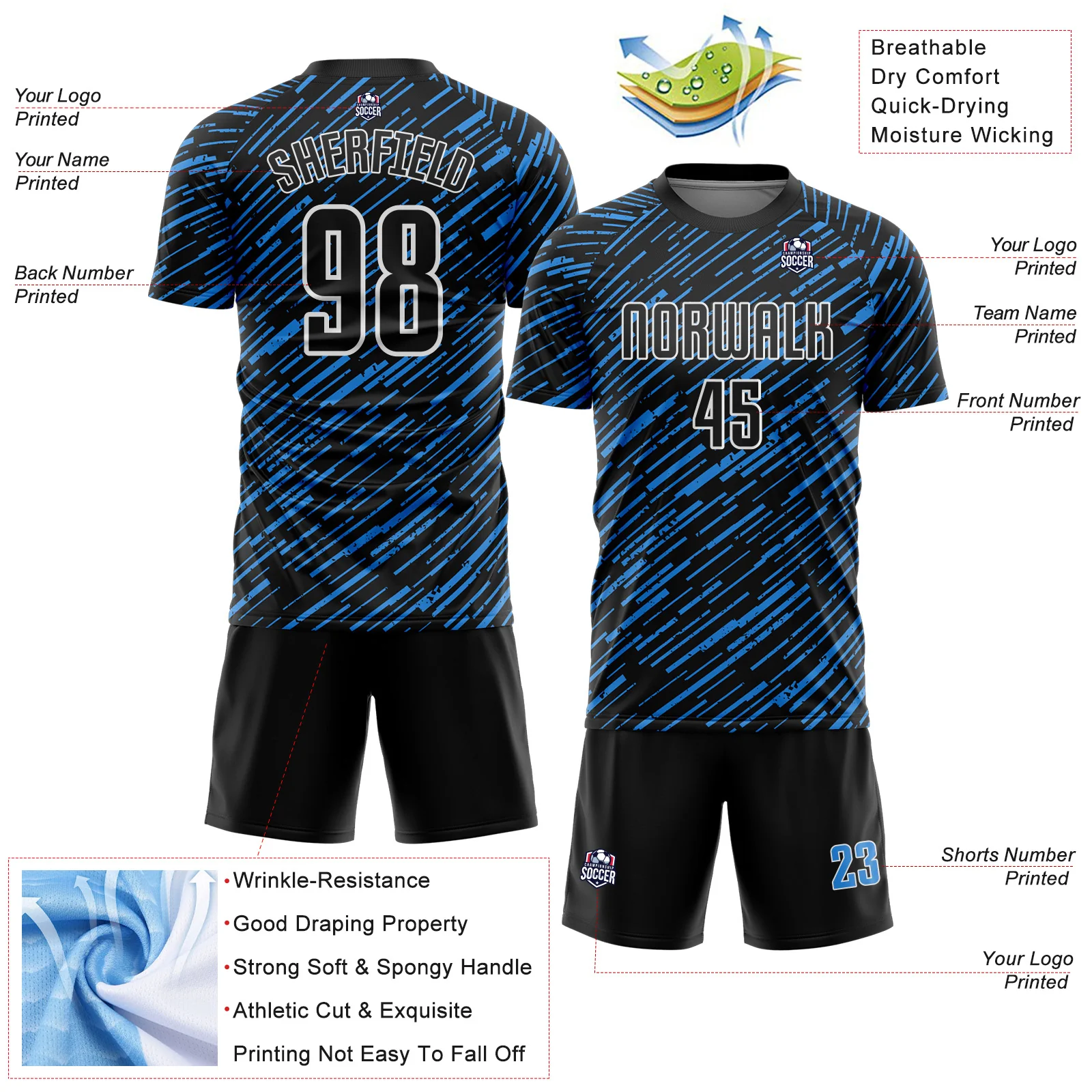 Custom Black Powder Blue-White Line Sports Sublimation Soccer Uniform Jersey - Image 4