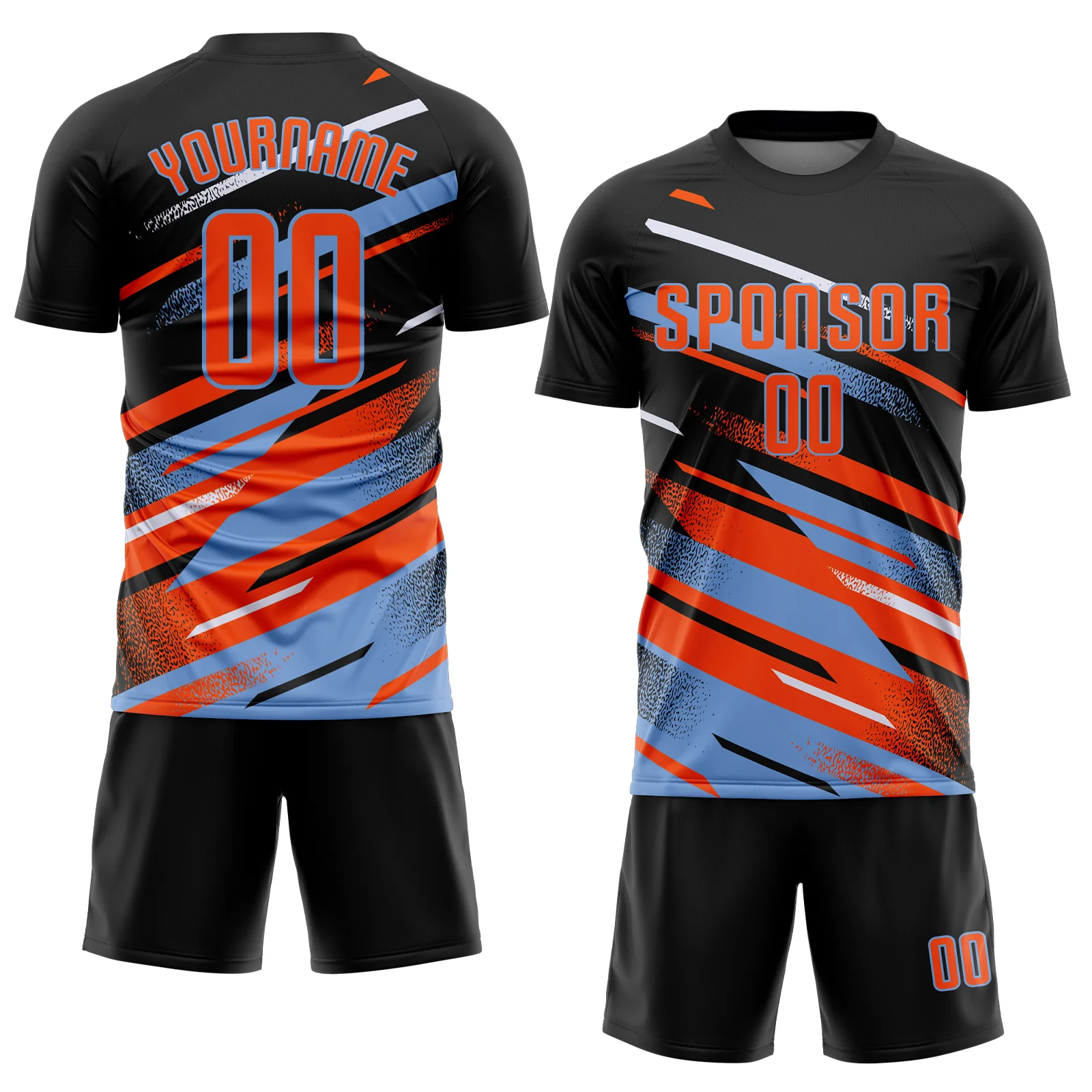 Custom Black Orange Powder Blue-White Grunge Stripe And Grainy Sports Sublimation Soccer Uniform Jersey - Image 2